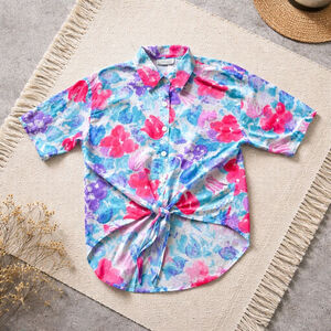 Vintage 90s Impressions of California Button Down Shirt S Blue Pink Floral